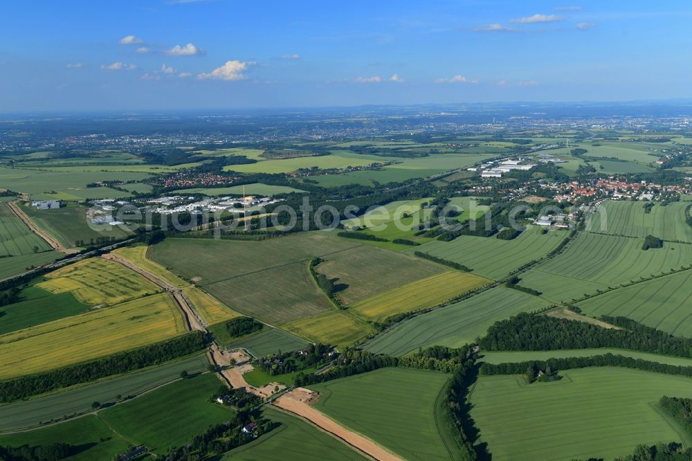 Klipphausen from above - Construction site with earthworks and landfills for the laying of pipelines of the new European Gas Lines (Eugal) on a field near Gross Koeris in the state Brandenburg, Germany