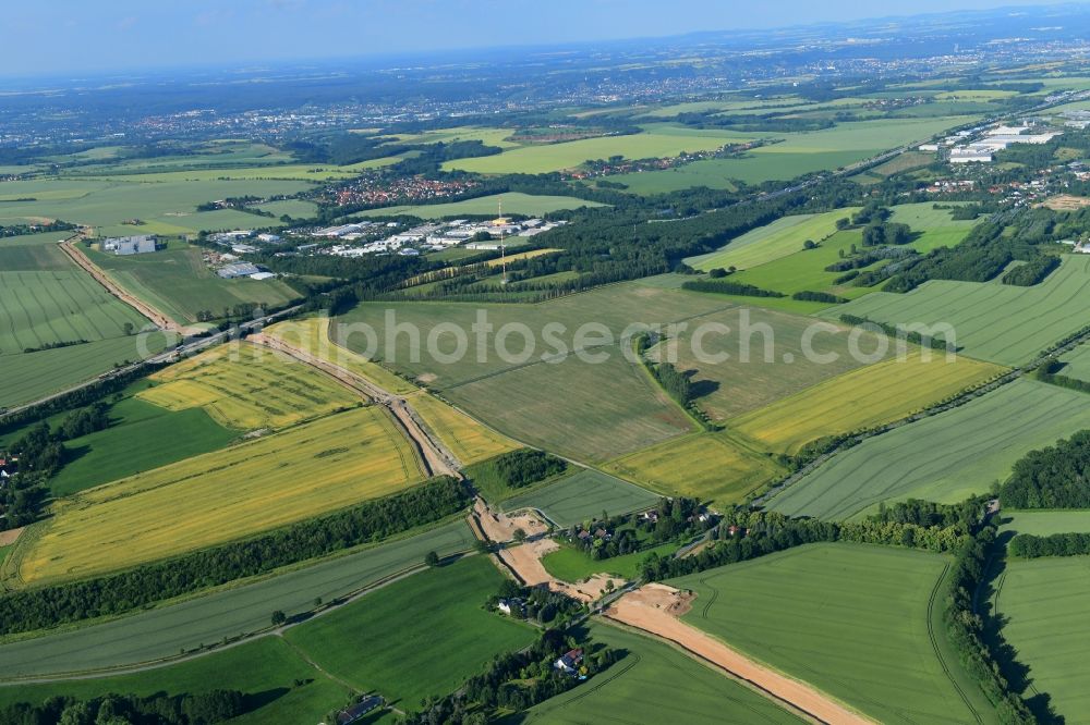 Klipphausen from the bird's eye view: Construction site with earthworks and landfills for the laying of pipelines of the new European Gas Lines (Eugal) on a field near Gross Koeris in the state Brandenburg, Germany