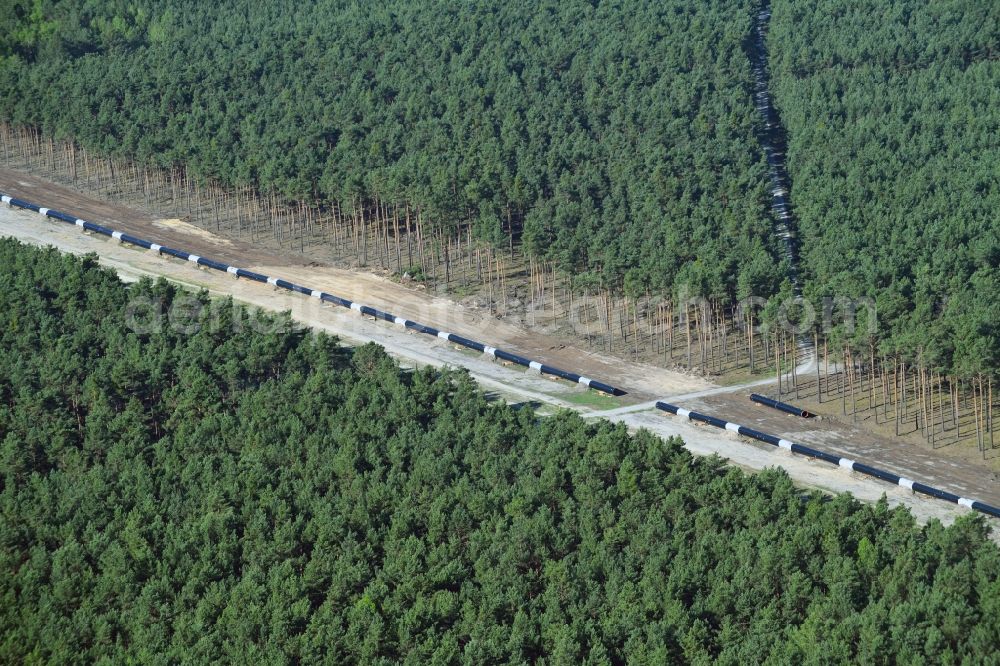 Groß Köris from above - Construction site with earthworks and landfills for the laying of pipelines of the new European Gas Lines (Eugal) in a forest in einem Wald in Gross Koeris in the state Brandenburg, Germany