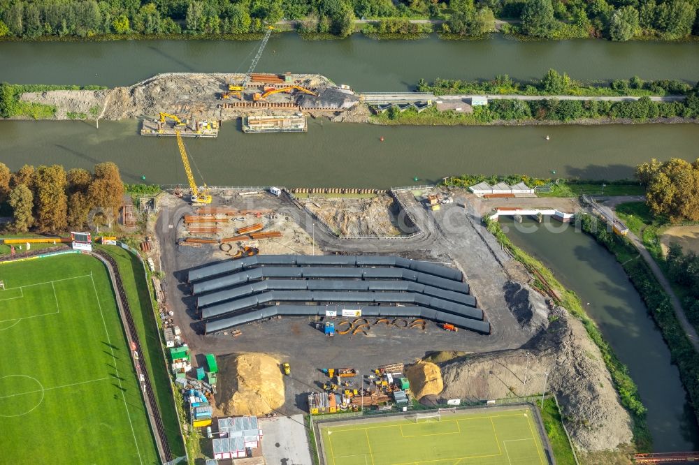 Aerial image Hamm - Construction site with earthworks and landfills for the laying of pipelines of the District heating pipelines of Lippe and Datteln-Hamm-Kanal in the HDD-method and horizontal drilling in Hamm in the state North Rhine-Westphalia