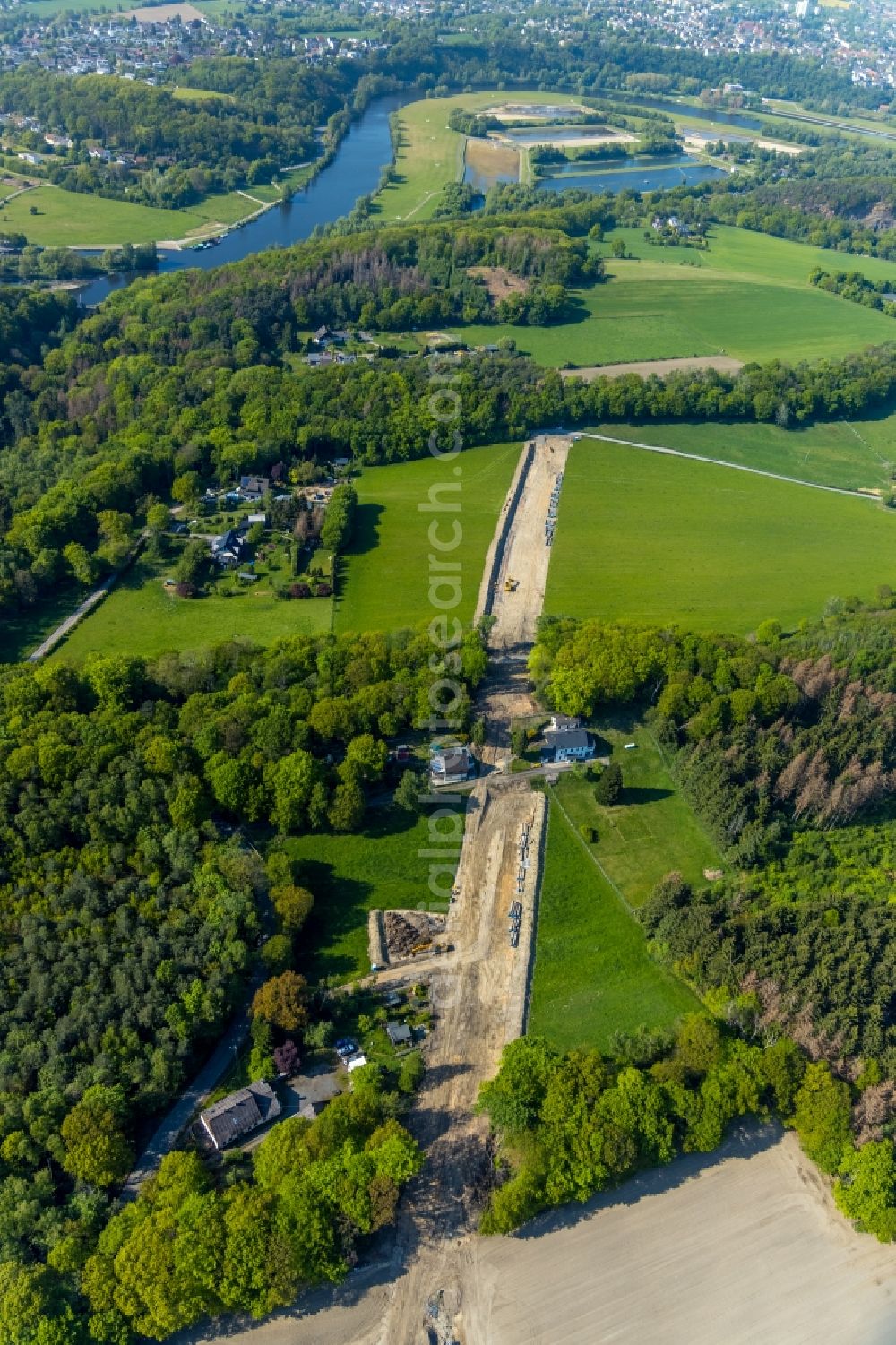 Aerial image Witten - Construction site with earthworks and landfills for the laying of pipelines of the Wasserleitung along the Berghauser Strasse beginnend on Rauendahler Strasse in the district Bommern in Witten in the state North Rhine-Westphalia, Germany