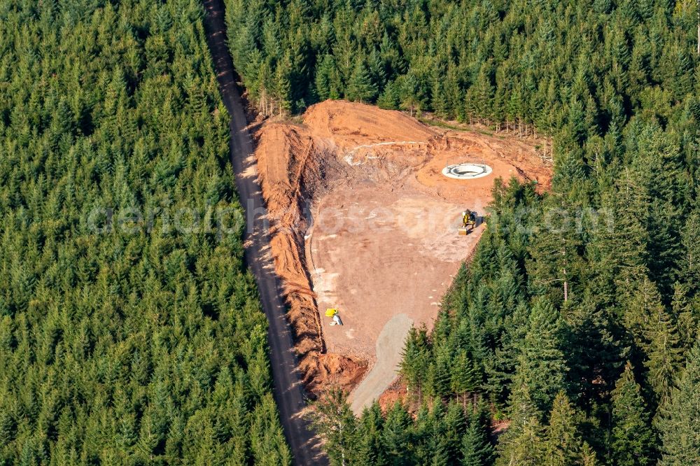 Aerial photograph Schuttertal - Construction site for wind turbine installation Fundamente Erdarbeiten in Schuttertal in the state Baden-Wurttemberg, Germany