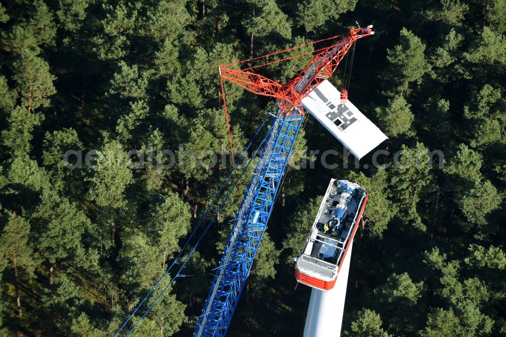 Aerial image Spreenhagen - Construction site for wind turbine installation of ABO Wind AG in Spreenhagen in the state Brandenburg