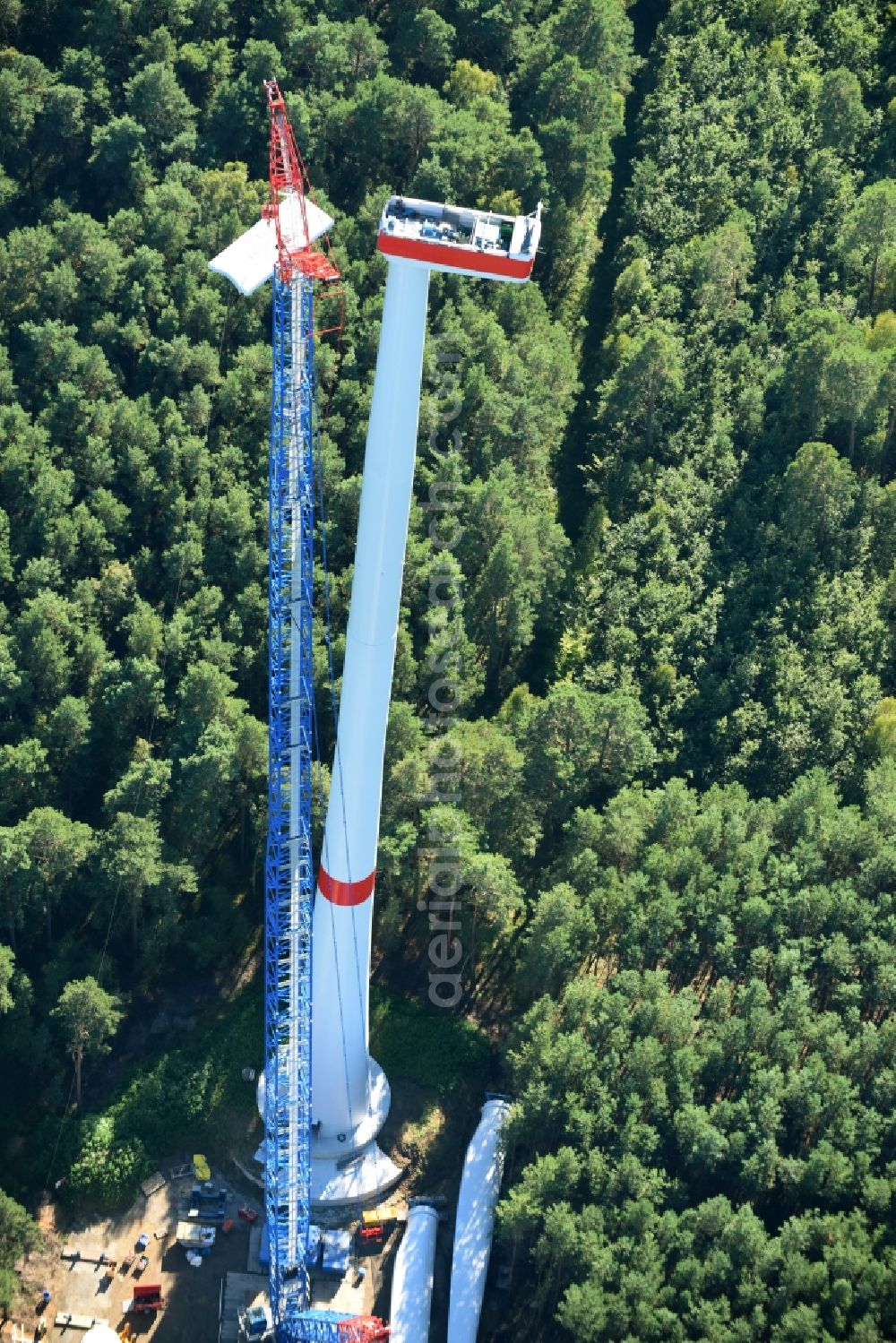 Spreenhagen from above - Construction site for wind turbine installation of ABO Wind AG in Spreenhagen in the state Brandenburg