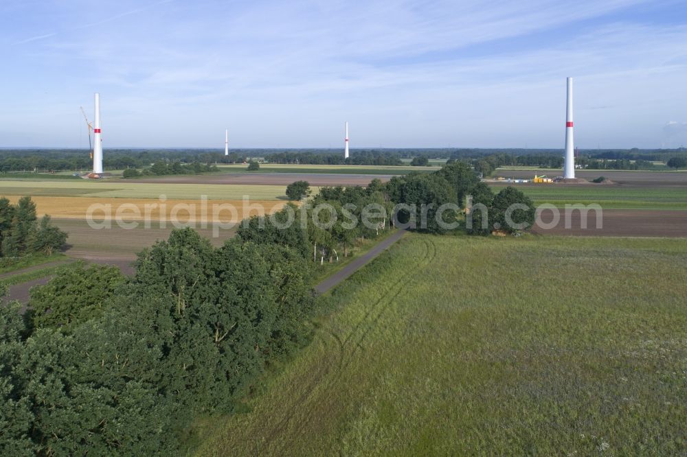 Bardowick from the bird's eye view: Construction site for wind turbine installation in Bardowick in the state Lower Saxony, Germany