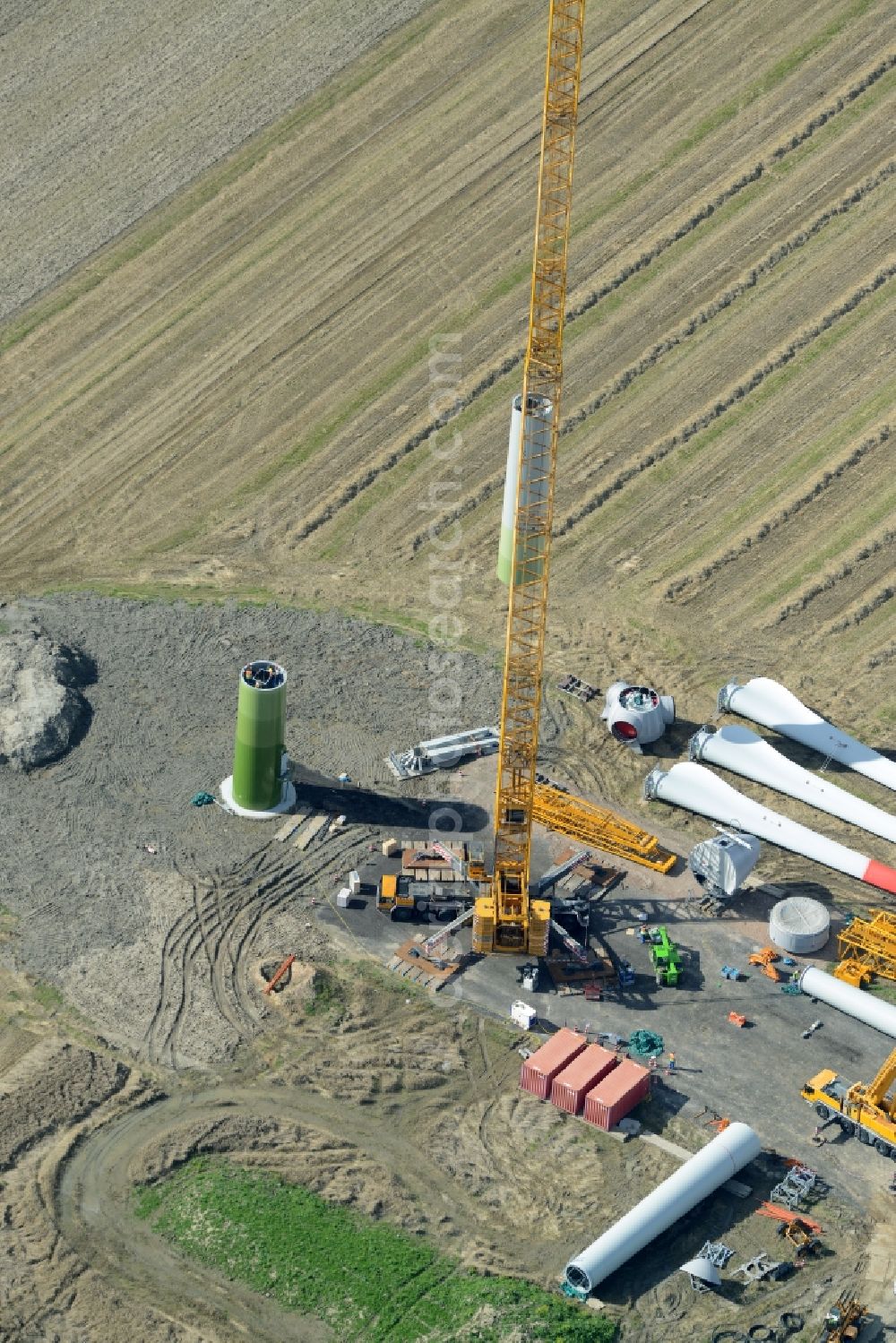 Diekhusen-Fahrstedt from the bird's eye view: Construction site for wind turbine installation in Diekhusen-Fahrstedt in the state Schleswig-Holstein