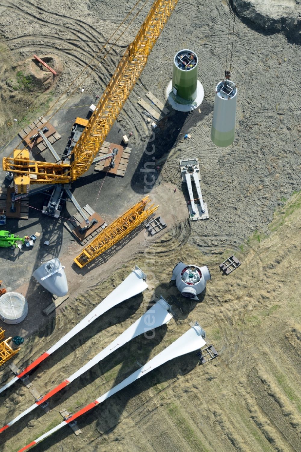 Diekhusen-Fahrstedt from the bird's eye view: Construction site for wind turbine installation in Diekhusen-Fahrstedt in the state Schleswig-Holstein