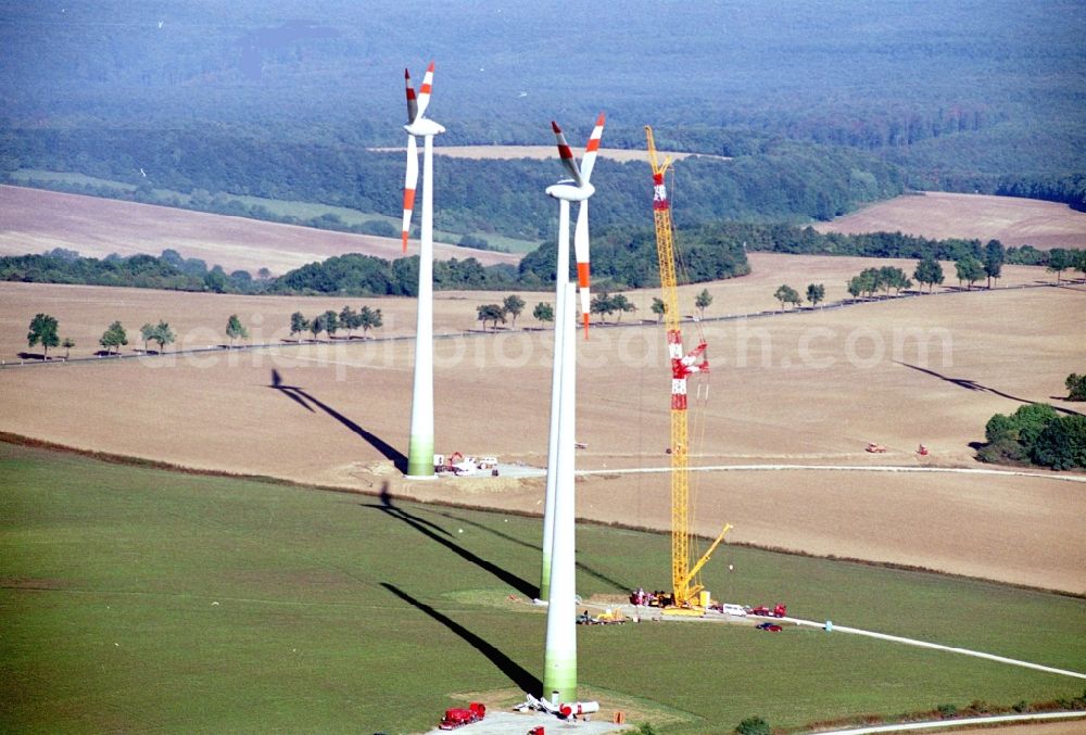 Aerial photograph Dingelstädt - Construction site for wind turbine installation in Dingelstaedt in the state Thuringia, Germany