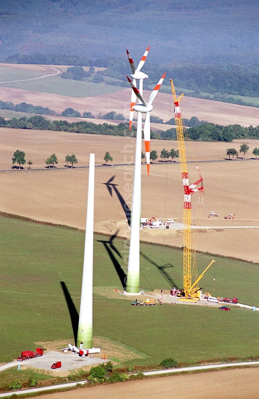 Aerial photograph Dingelstädt - Construction site for wind turbine installation in Dingelstaedt in the state Thuringia, Germany