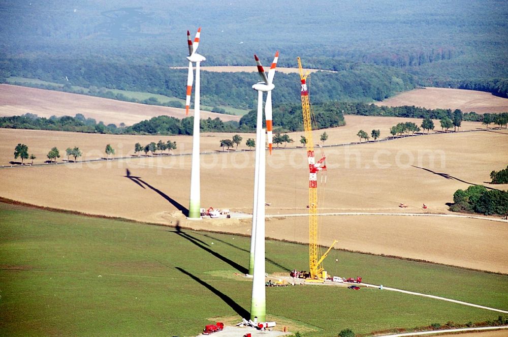 Dingelstädt from above - Construction site for wind turbine installation in Dingelstaedt in the state Thuringia, Germany