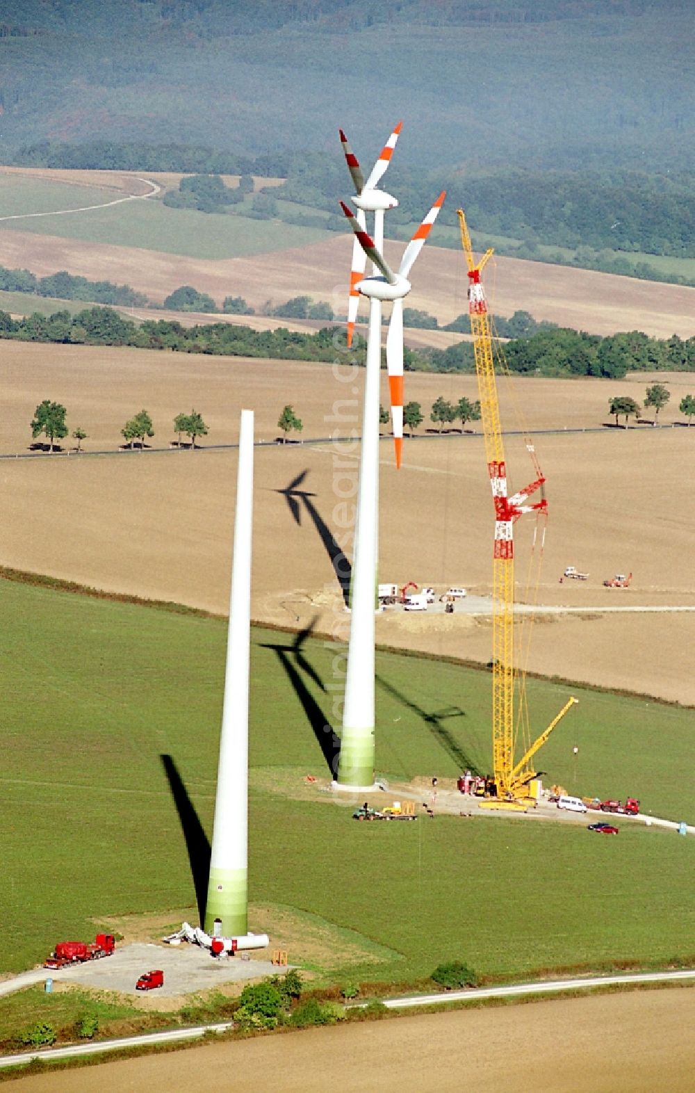 Dingelstädt from the bird's eye view: Construction site for wind turbine installation in Dingelstaedt in the state Thuringia, Germany