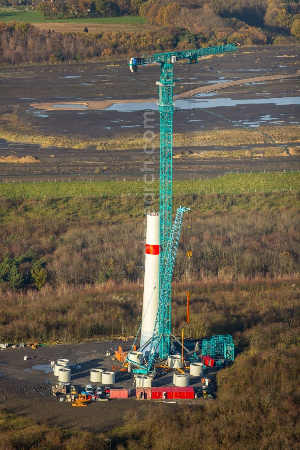 Aerial image Dinslaken - Construction site for wind turbine installation in Dinslaken in the state North Rhine-Westphalia