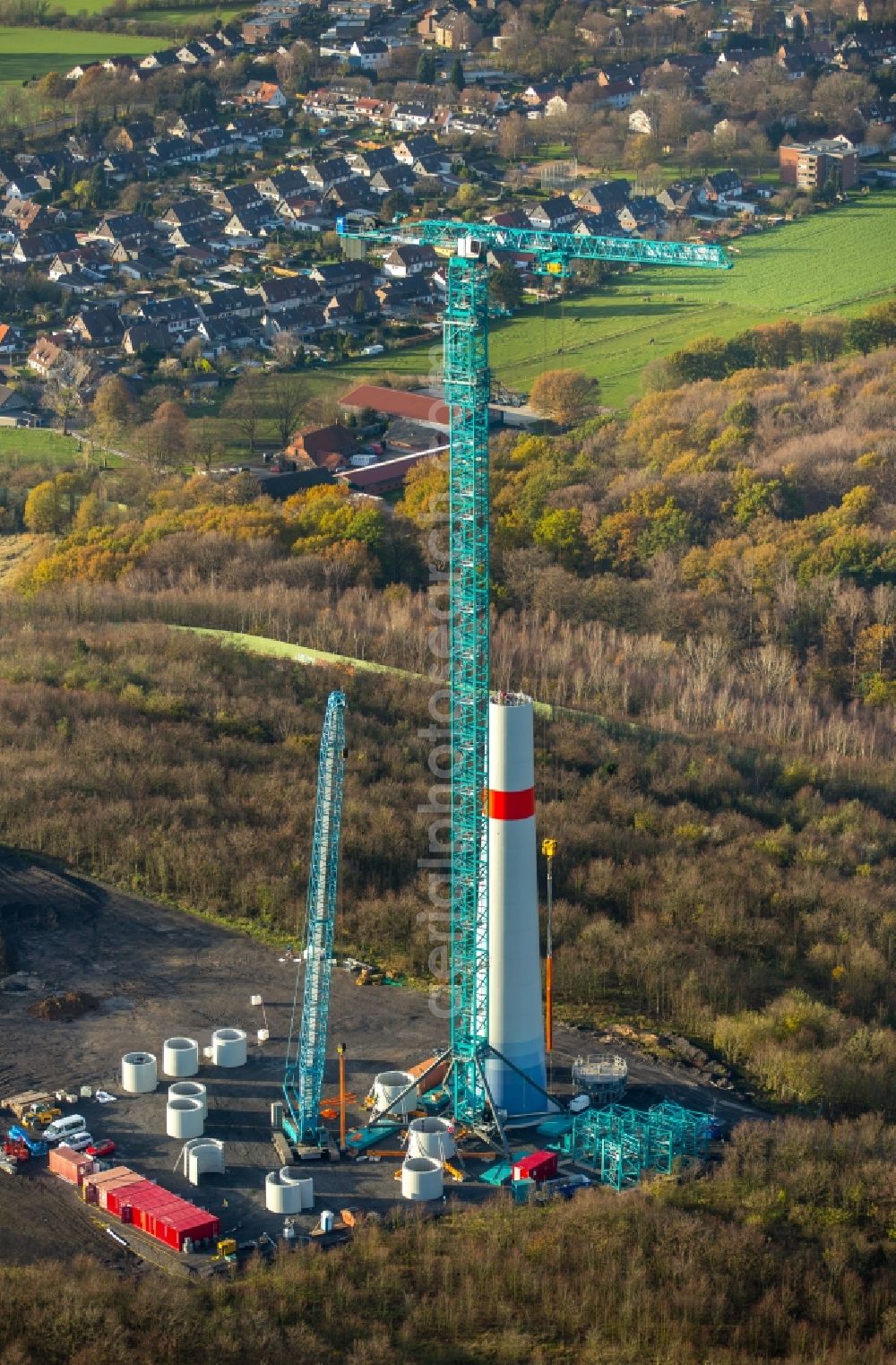 Dinslaken from above - Construction site for wind turbine installation in Dinslaken in the state North Rhine-Westphalia