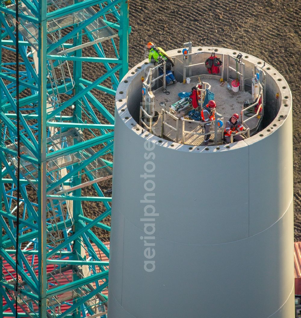 Dinslaken from the bird's eye view: Construction site for wind turbine installation in Dinslaken in the state North Rhine-Westphalia