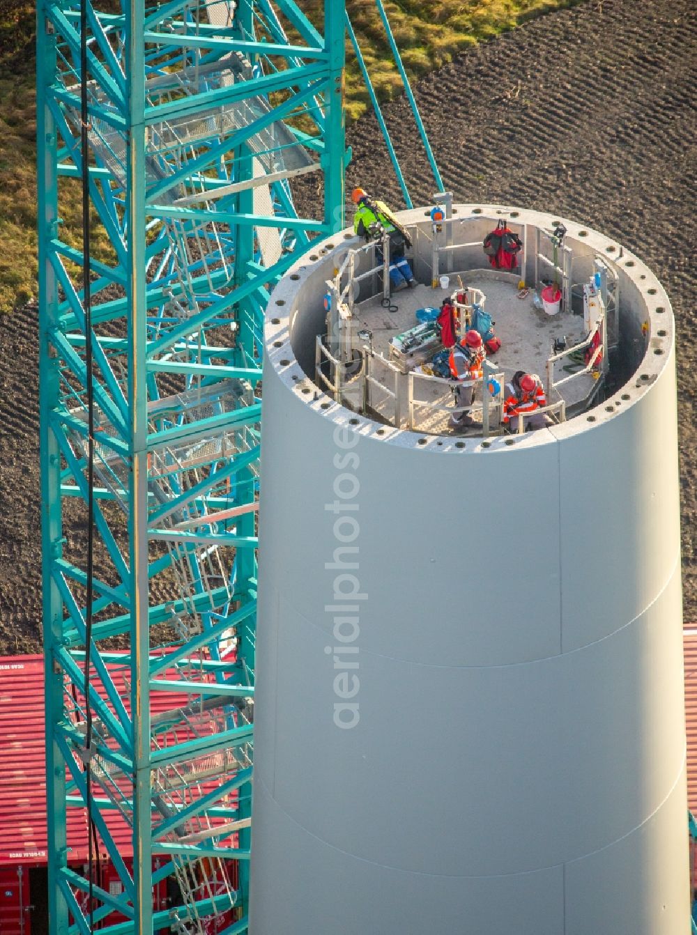 Aerial image Dinslaken - Construction site for wind turbine installation in Dinslaken in the state North Rhine-Westphalia