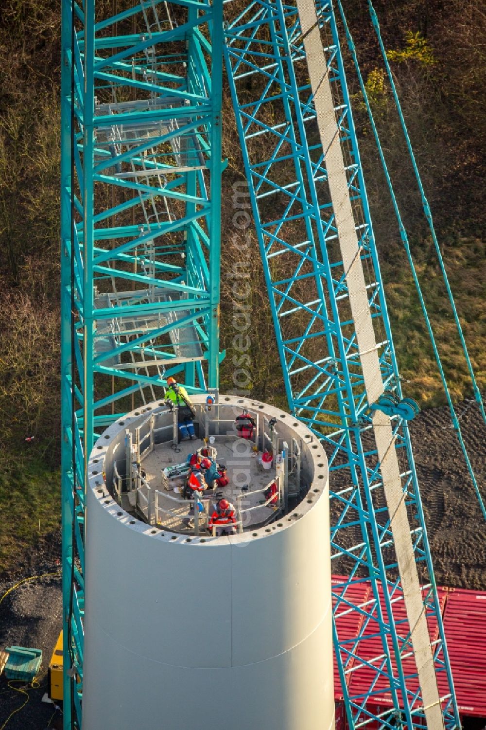 Aerial photograph Dinslaken - Construction site for wind turbine installation in Dinslaken in the state North Rhine-Westphalia