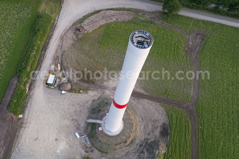 Bardowick from above - Construction site for wind turbine installation through the Max Boegl Wind AG in Bardowick in the state Lower Saxony, Germany