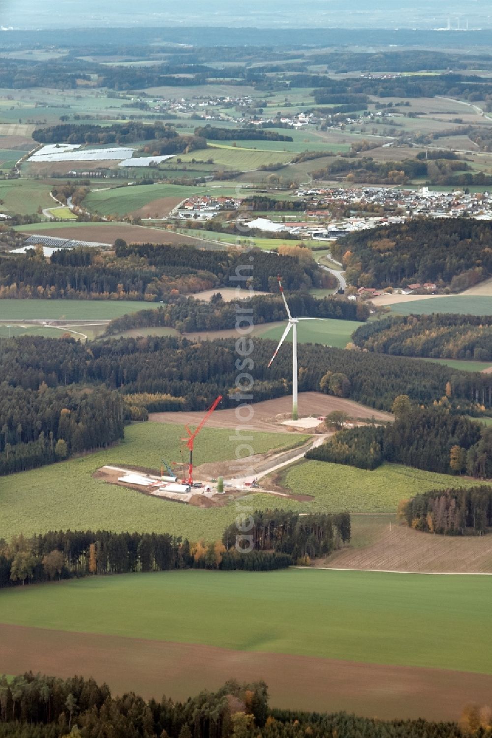 Egg from the bird's eye view: Construction site for wind turbine installation in Egg in the state Bavaria, Germany