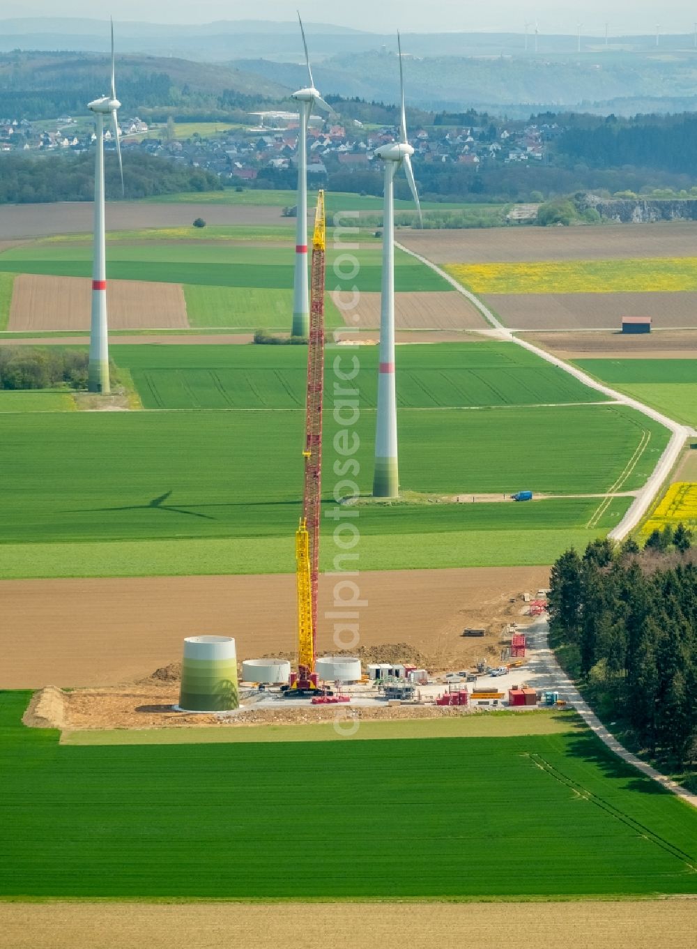 Aerial image Brilon - Construction site for wind turbine installation on a field in Brilon in the state North Rhine-Westphalia