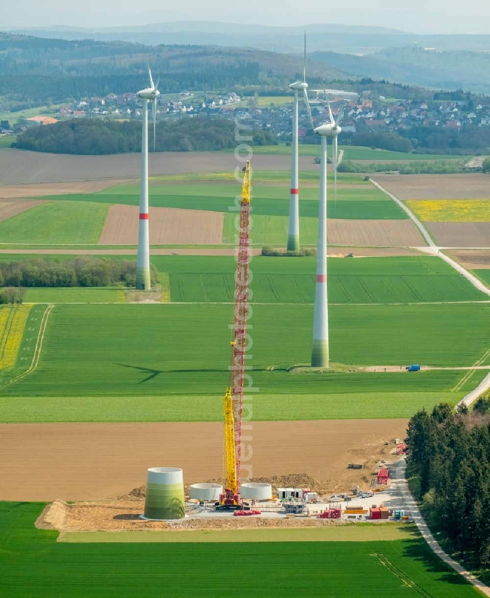 Aerial photograph Brilon - Construction site for wind turbine installation on a field in Brilon in the state North Rhine-Westphalia