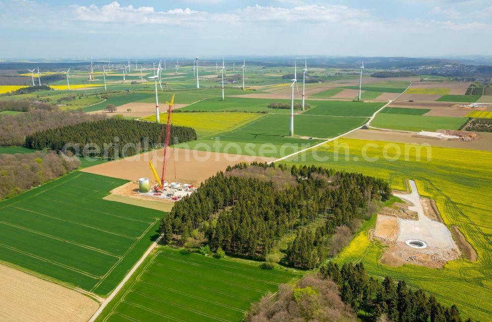 Brilon from above - Construction site for wind turbine installation on a field in Brilon in the state North Rhine-Westphalia