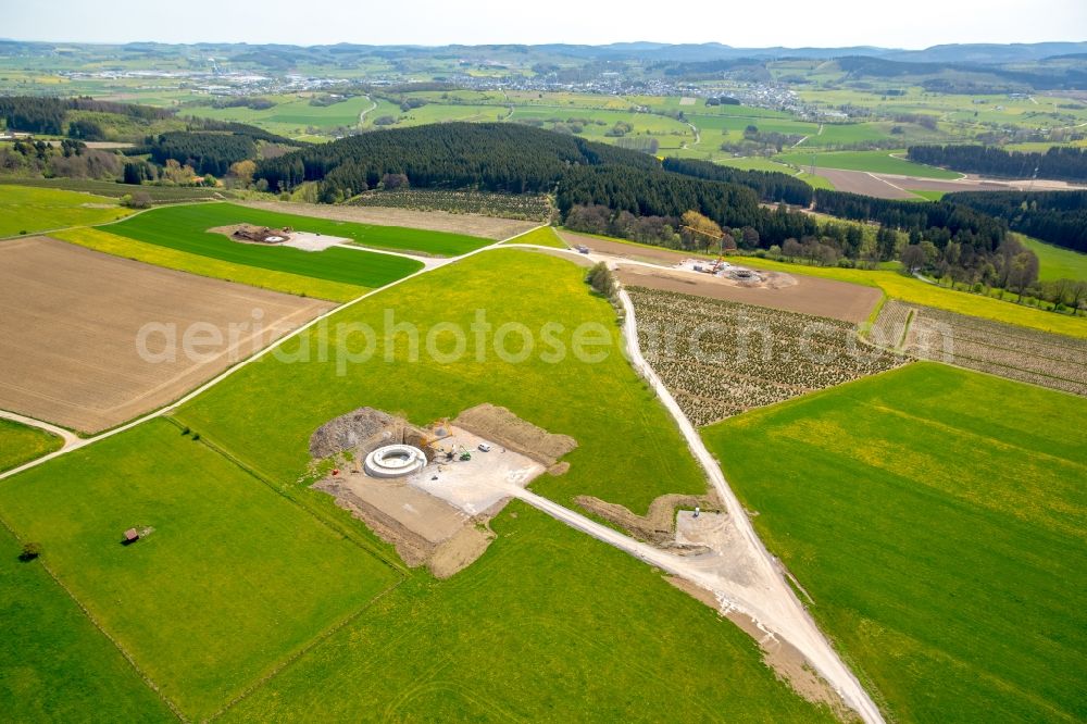 Aerial photograph Brilon - Construction site for wind turbine installation on a field in Brilon in the state North Rhine-Westphalia