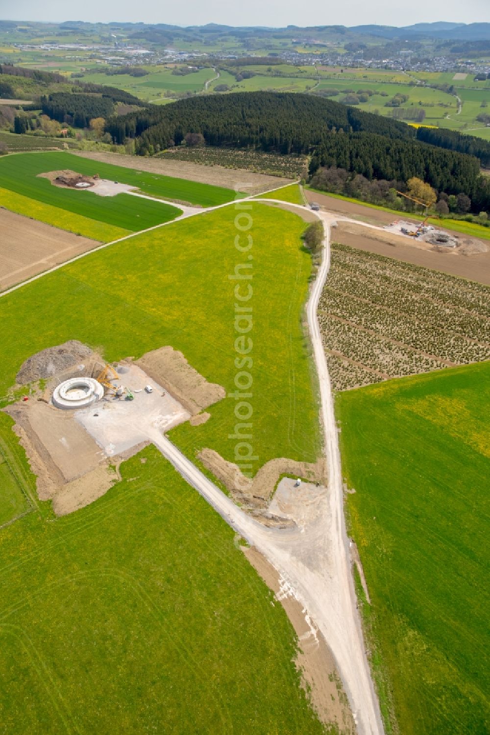 Brilon from above - Construction site for wind turbine installation on a field in Brilon in the state North Rhine-Westphalia