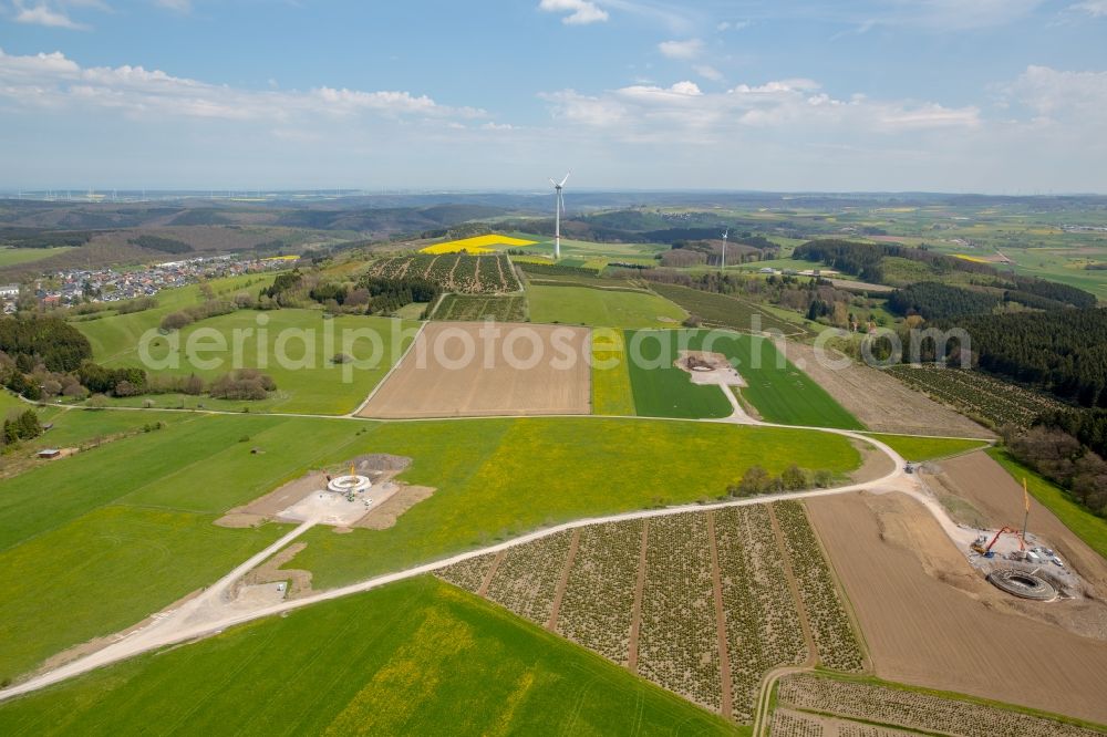 Brilon from the bird's eye view: Construction site for wind turbine installation on a field in Brilon in the state North Rhine-Westphalia