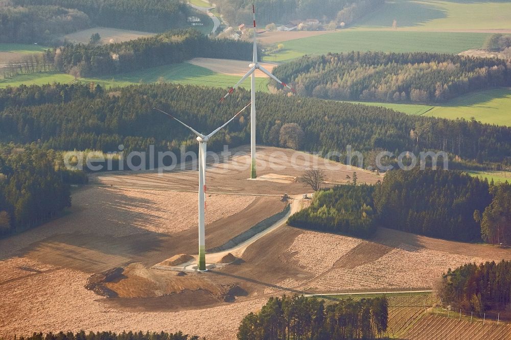 Aerial image Egg - Construction site for wind turbine installation on a field in Egg in the state Bavaria, Germany