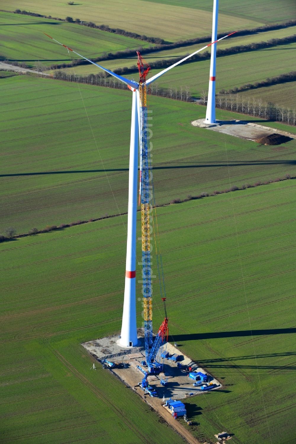 Aerial image Großbrüchter - Construction site for wind turbine installation on a field in Grossbruechter in the state Thuringia, Germany