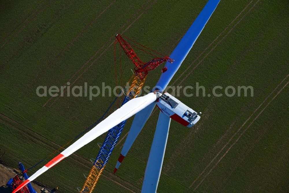 Großbrüchter from above - Construction site for wind turbine installation on a field in Grossbruechter in the state Thuringia, Germany