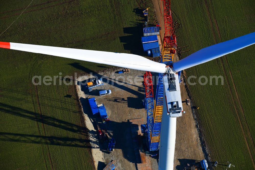 Großbrüchter from the bird's eye view: Construction site for wind turbine installation on a field in Grossbruechter in the state Thuringia, Germany