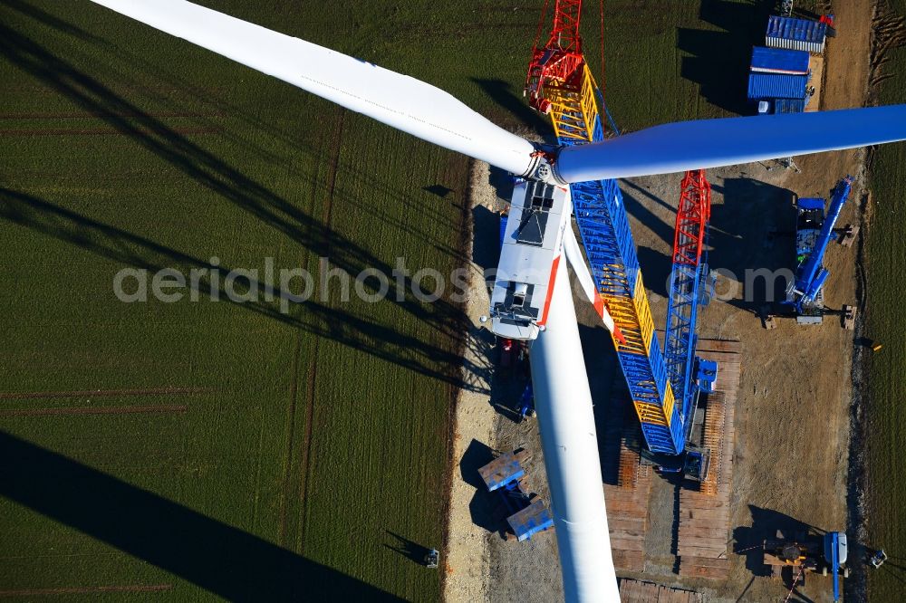 Aerial image Großbrüchter - Construction site for wind turbine installation on a field in Grossbruechter in the state Thuringia, Germany