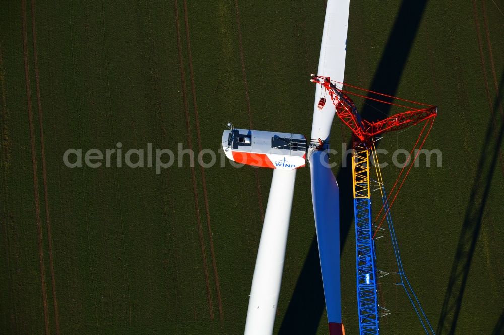 Großbrüchter from above - Construction site for wind turbine installation on a field in Grossbruechter in the state Thuringia, Germany