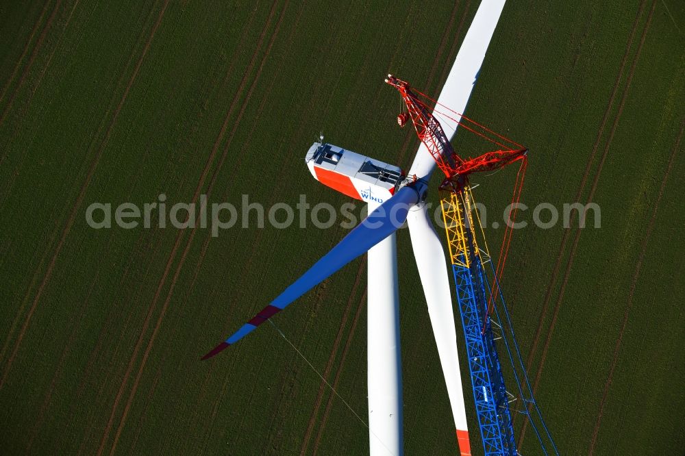 Großbrüchter from the bird's eye view: Construction site for wind turbine installation on a field in Grossbruechter in the state Thuringia, Germany