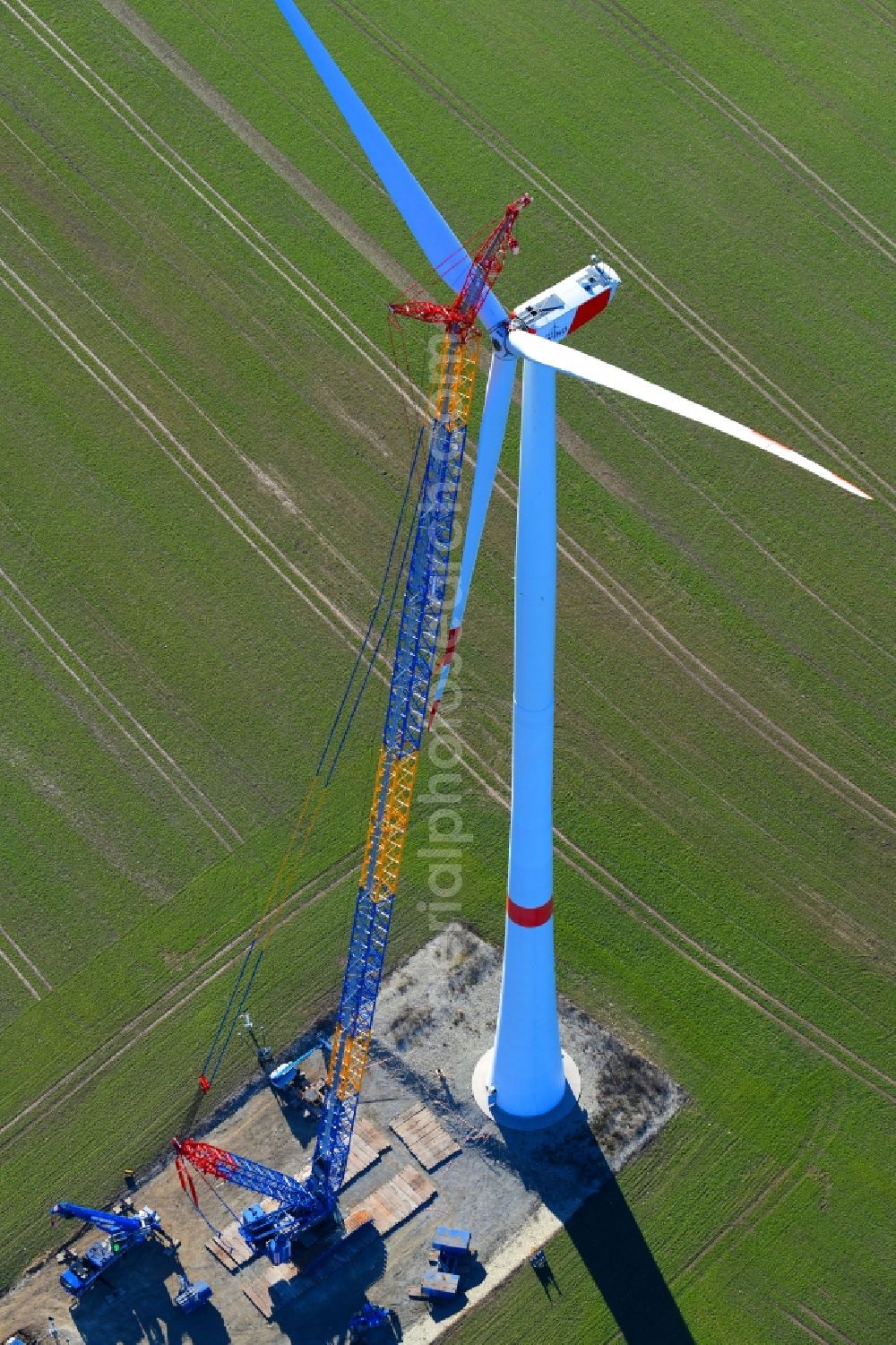 Großbrüchter from above - Construction site for wind turbine installation on a field in Grossbruechter in the state Thuringia, Germany