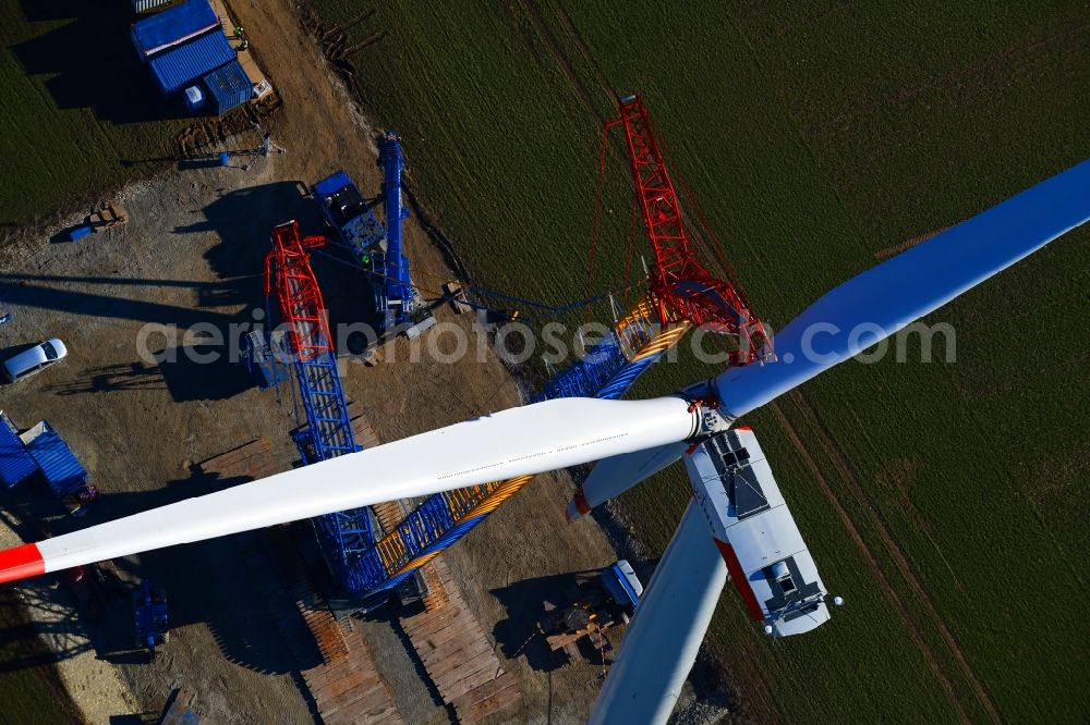 Aerial image Großbrüchter - Construction site for wind turbine installation on a field in Grossbruechter in the state Thuringia, Germany