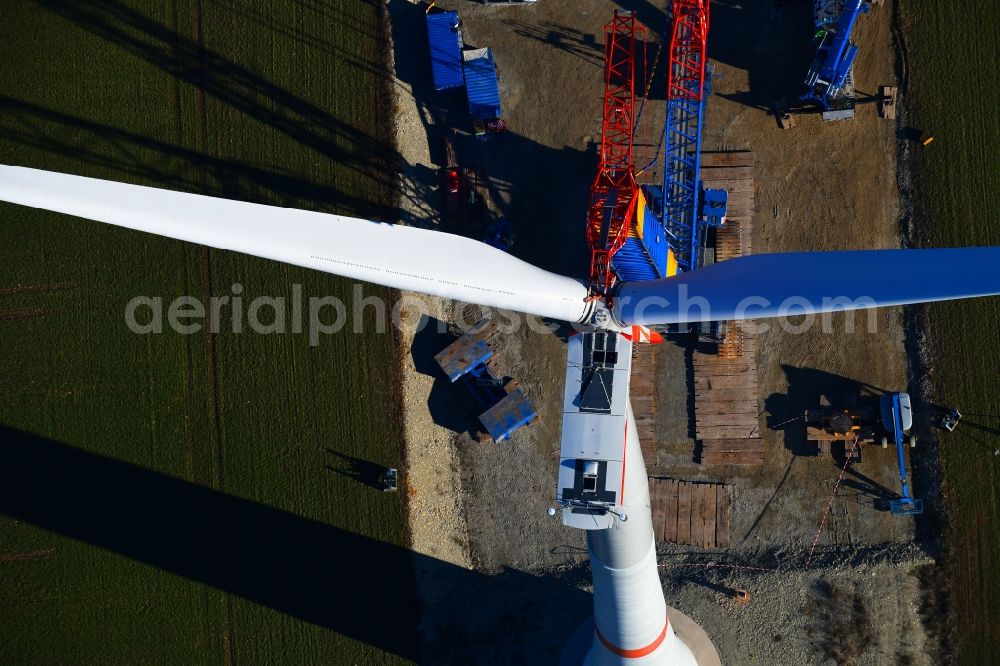 Aerial photograph Großbrüchter - Construction site for wind turbine installation on a field in Grossbruechter in the state Thuringia, Germany