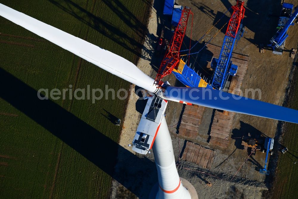 Großbrüchter from above - Construction site for wind turbine installation on a field in Grossbruechter in the state Thuringia, Germany