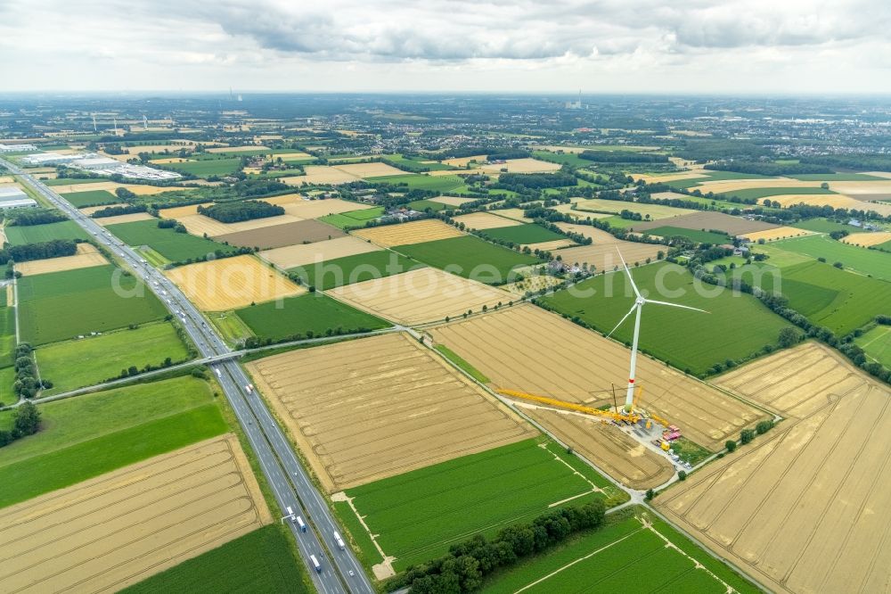 Aerial image Hamm - Construction site for wind turbine installation on a field in the district Herringen in Hamm at Ruhrgebiet in the state North Rhine-Westphalia, Germany