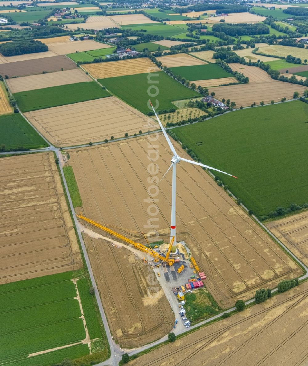 Aerial photograph Hamm - Construction site for wind turbine installation on a field in the district Herringen in Hamm at Ruhrgebiet in the state North Rhine-Westphalia, Germany