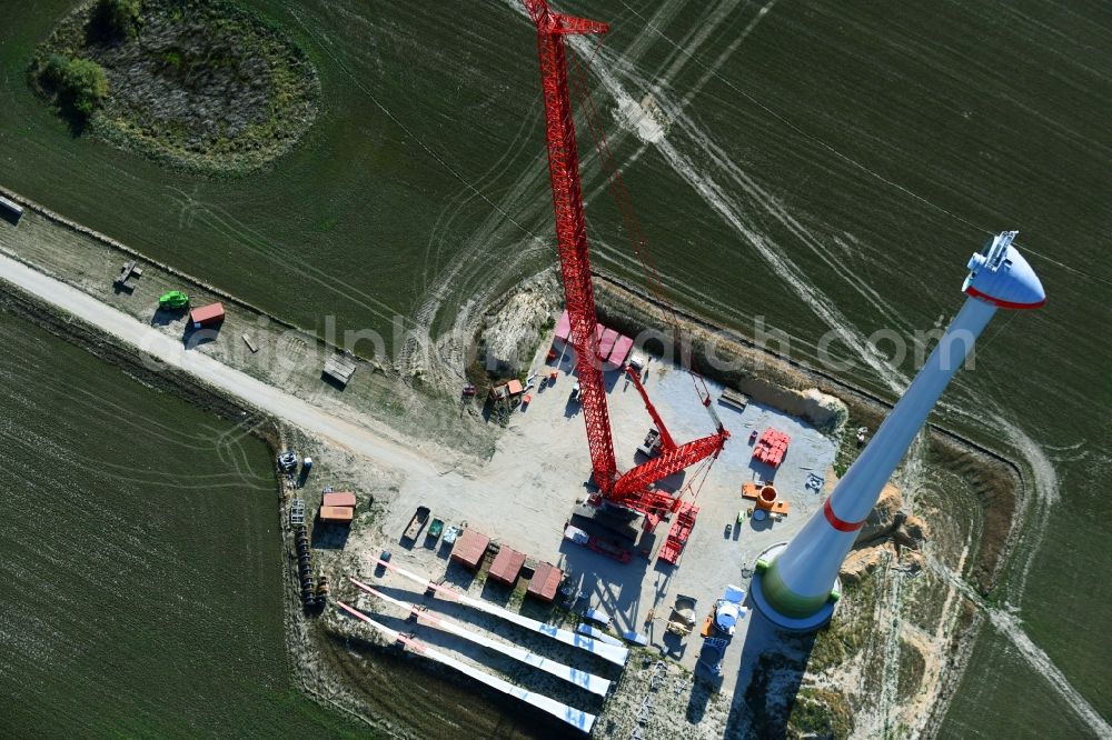 Niedergörsdorf from above - Construction site for wind turbine installation on a field in Niedergoersdorf in the state Brandenburg, Germany