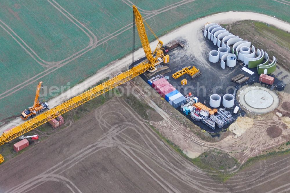 Aerial image Witzenhausen - Construction site for wind turbine installation on a field in Witzenhausen in the state Hesse, Germany