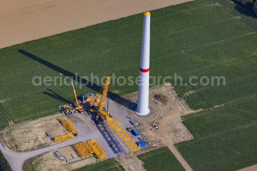 Grevenbroich from above - Construction site for wind turbine installation on on agricultural field in Grevenbroich in the state North Rhine-Westphalia, Germany