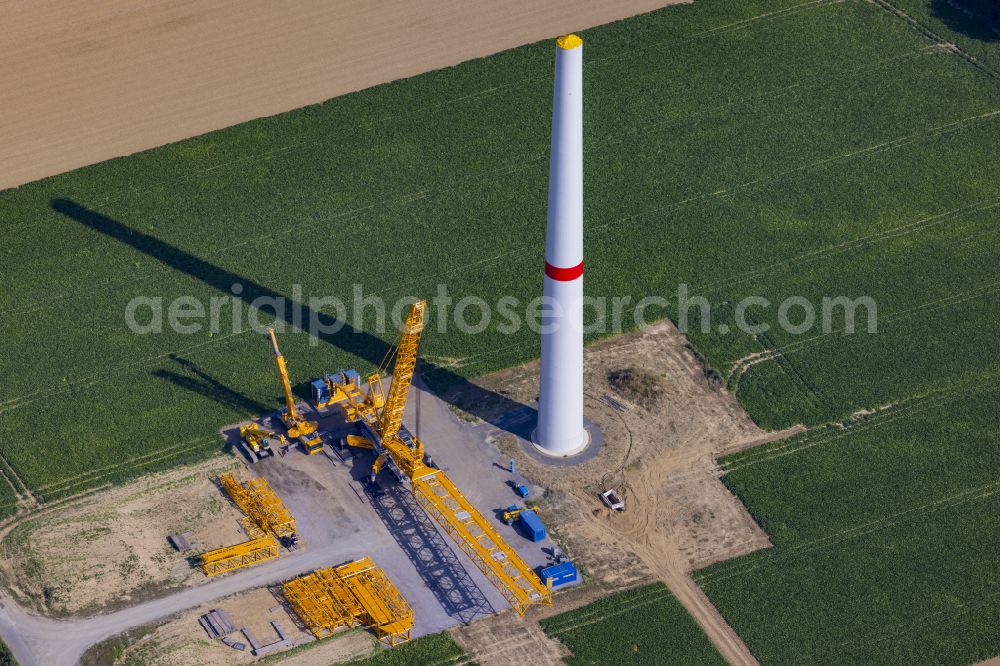 Grevenbroich from the bird's eye view: Construction site for wind turbine installation on on agricultural field in Grevenbroich in the state North Rhine-Westphalia, Germany