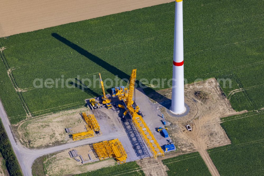 Aerial image Grevenbroich - Construction site for wind turbine installation on on agricultural field in Grevenbroich in the state North Rhine-Westphalia, Germany