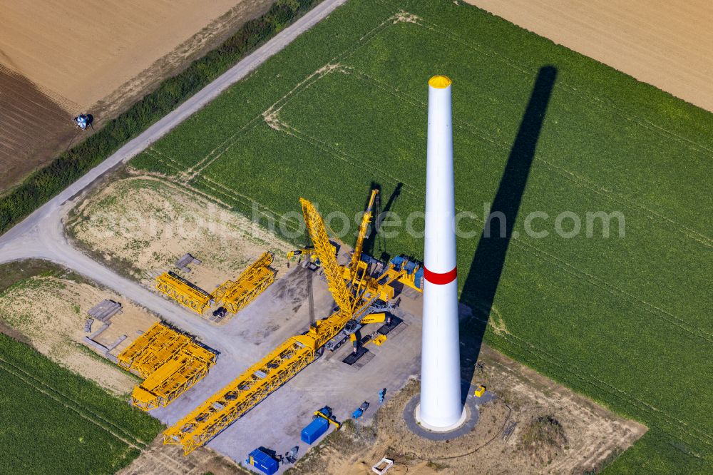 Aerial photograph Grevenbroich - Construction site for wind turbine installation on on agricultural field in Grevenbroich in the state North Rhine-Westphalia, Germany