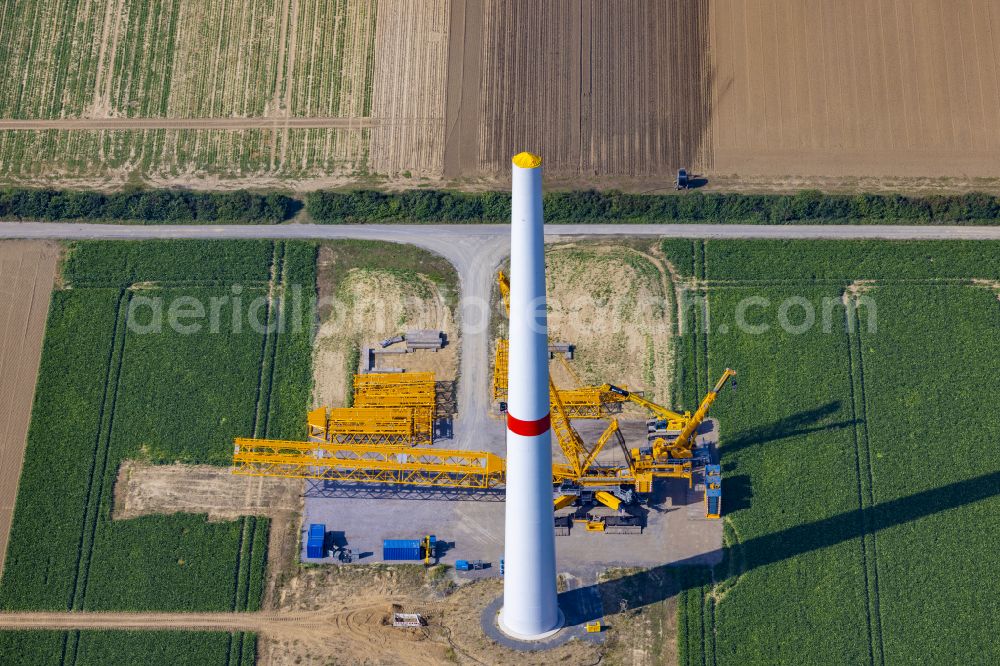 Grevenbroich from above - Construction site for wind turbine installation on on agricultural field in Grevenbroich in the state North Rhine-Westphalia, Germany