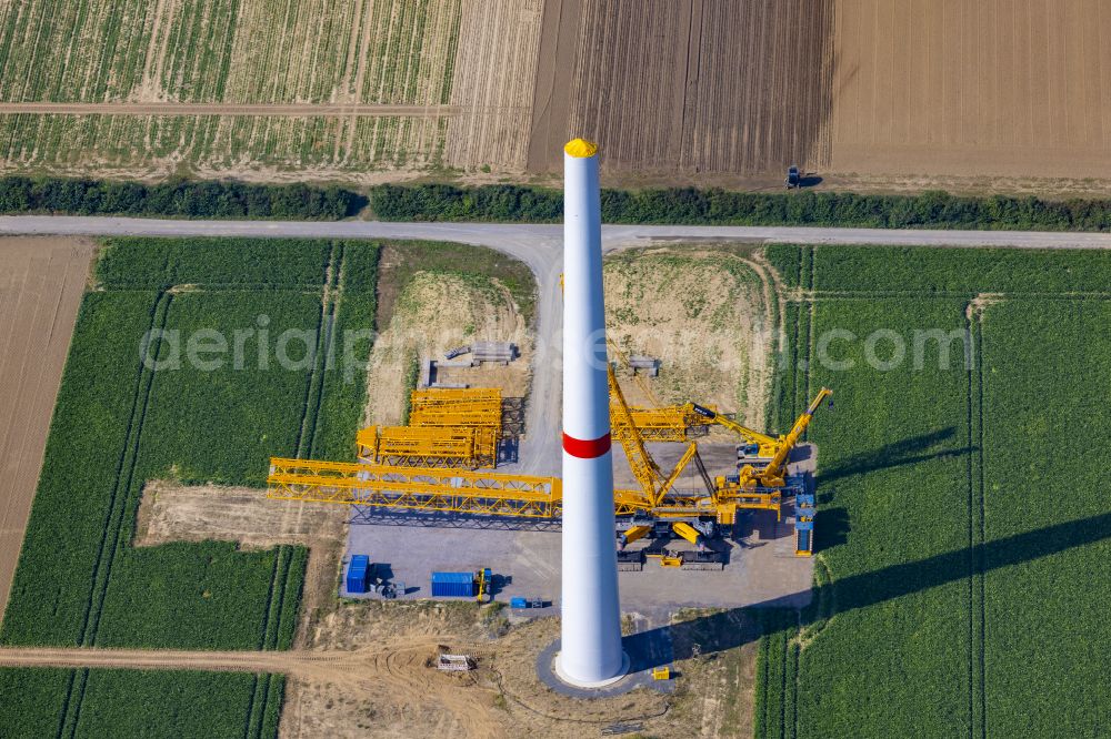 Grevenbroich from the bird's eye view: Construction site for wind turbine installation on on agricultural field in Grevenbroich in the state North Rhine-Westphalia, Germany