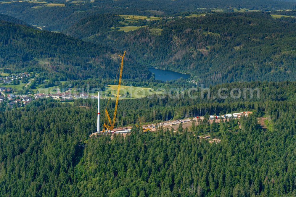 Häusern from the bird's eye view: Construction site for wind turbine installation in a forest area in Haeusern in the state Baden-Wuerttemberg, Germany